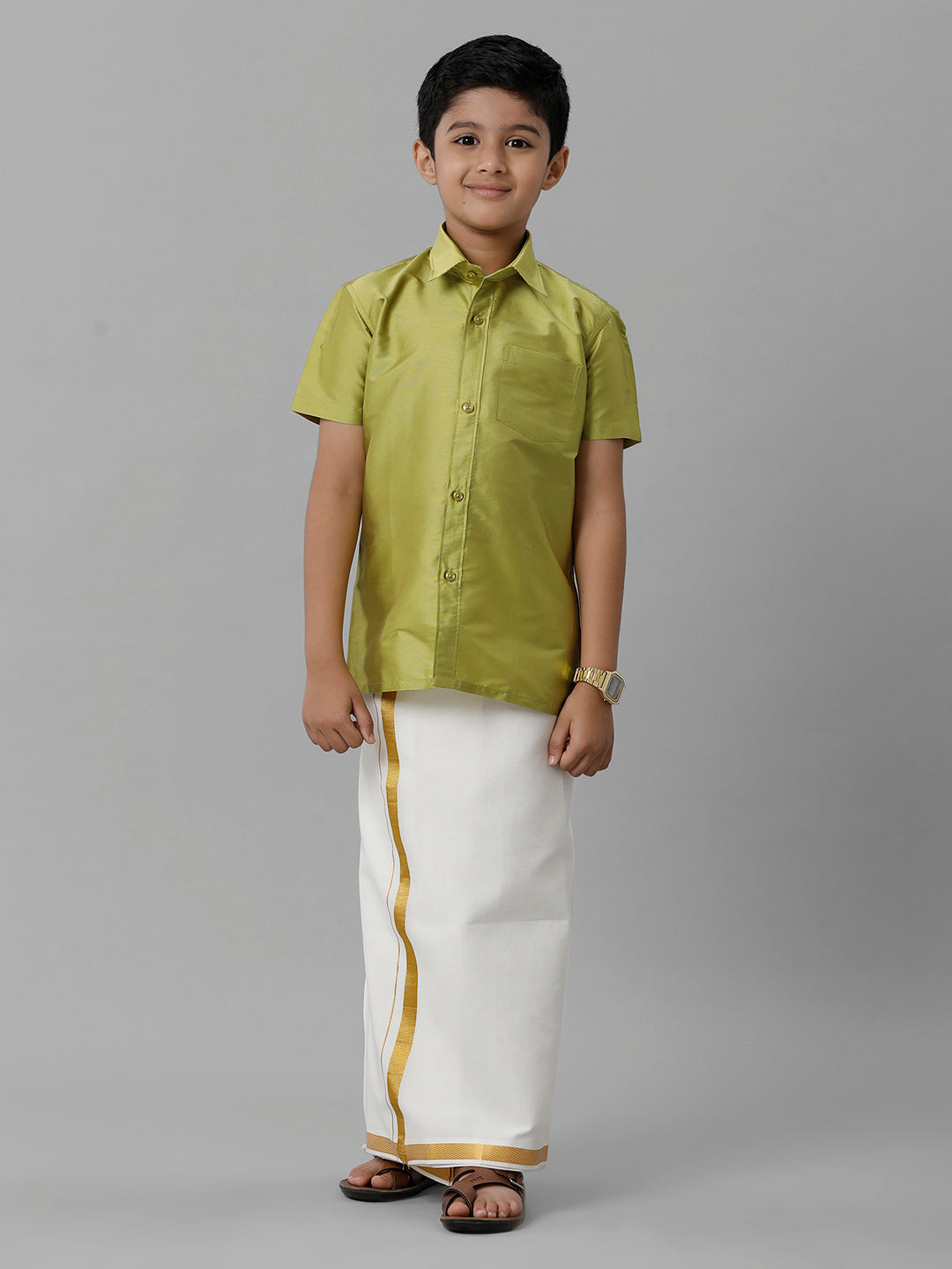 Boys Silk Cotton Lemon Green Half Sleeves Shirt with Adjustable Cream Dhoti Combo K44
