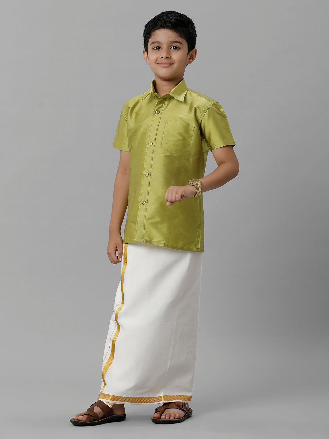 Boys Silk Cotton Lemon Green Half Sleeves Shirt with Adjustable Cream Dhoti Combo K44-Front view