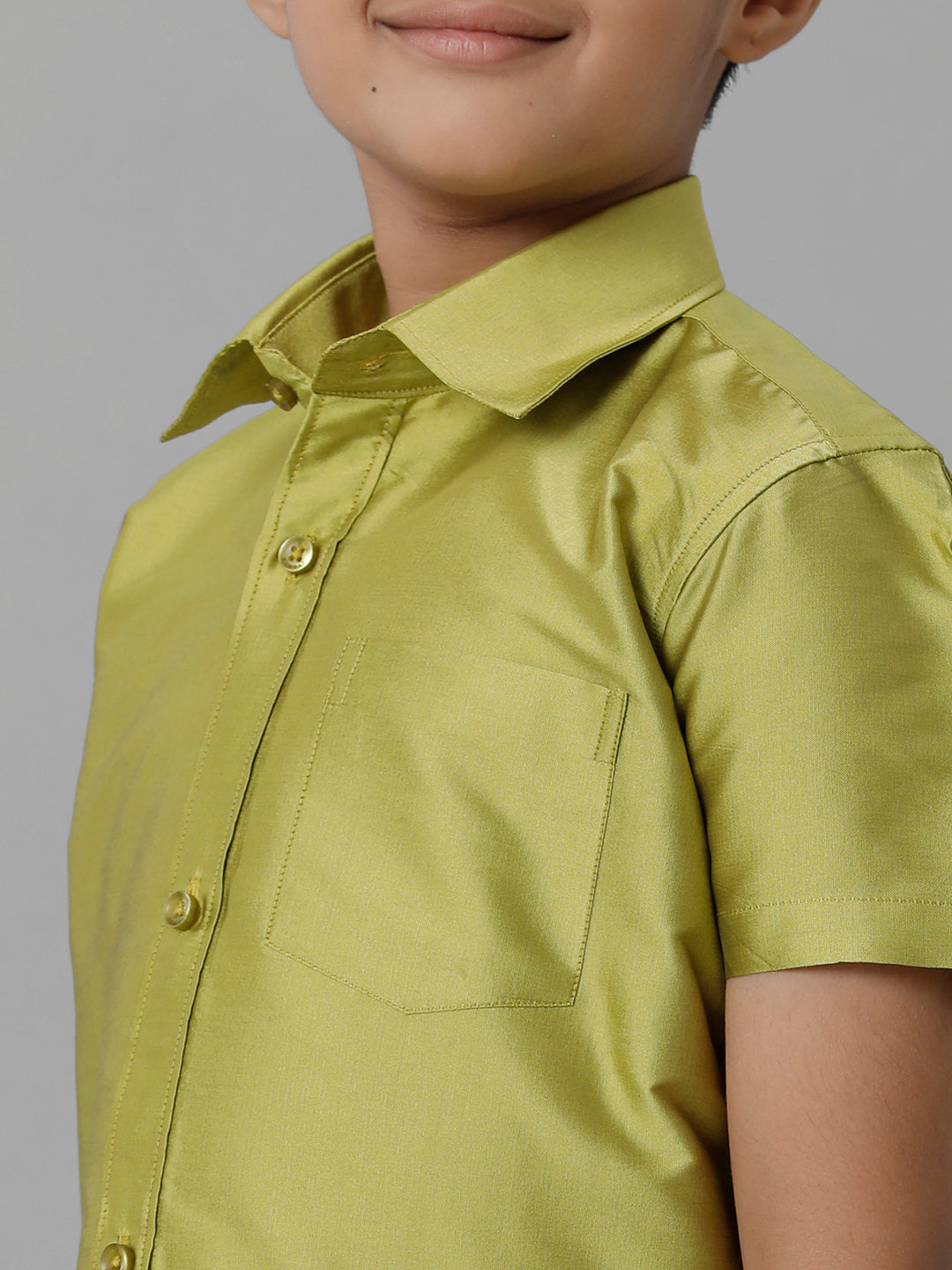 Boys Silk Cotton Lemon Green Half Sleeves Shirt with Adjustable Cream Dhoti Combo K44-Zoom view