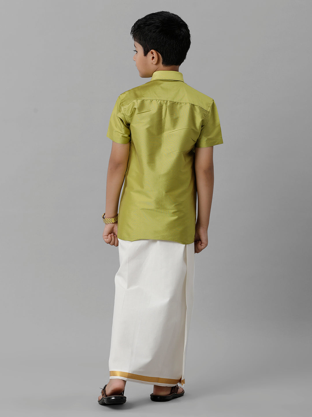 Boys Silk Cotton Lemon Green Half Sleeves Shirt with Adjustable Cream Dhoti Combo K44-Back view