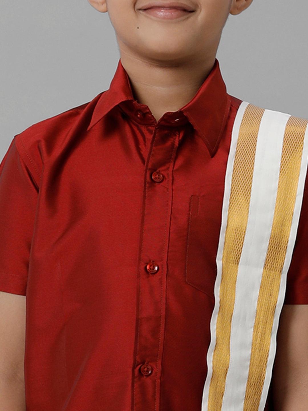 Boys Silk Cotton Red Half Sleeves Shirt with Adjustable Cream Dhoti Towel Combo K8-Zoom view