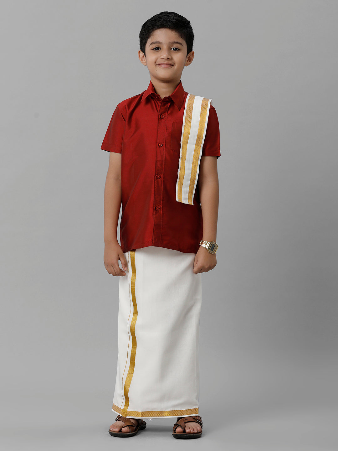 Boys Silk Cotton Red Half Sleeves Shirt with Adjustable Cream Dhoti Towel Combo K8-Front view