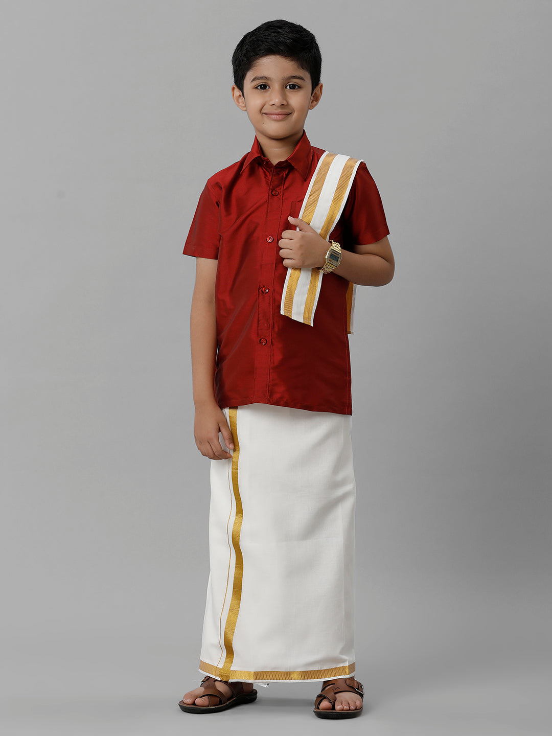 Boys Silk Cotton Red Half Sleeves Shirt with Adjustable Cream Dhoti Towel Combo K8