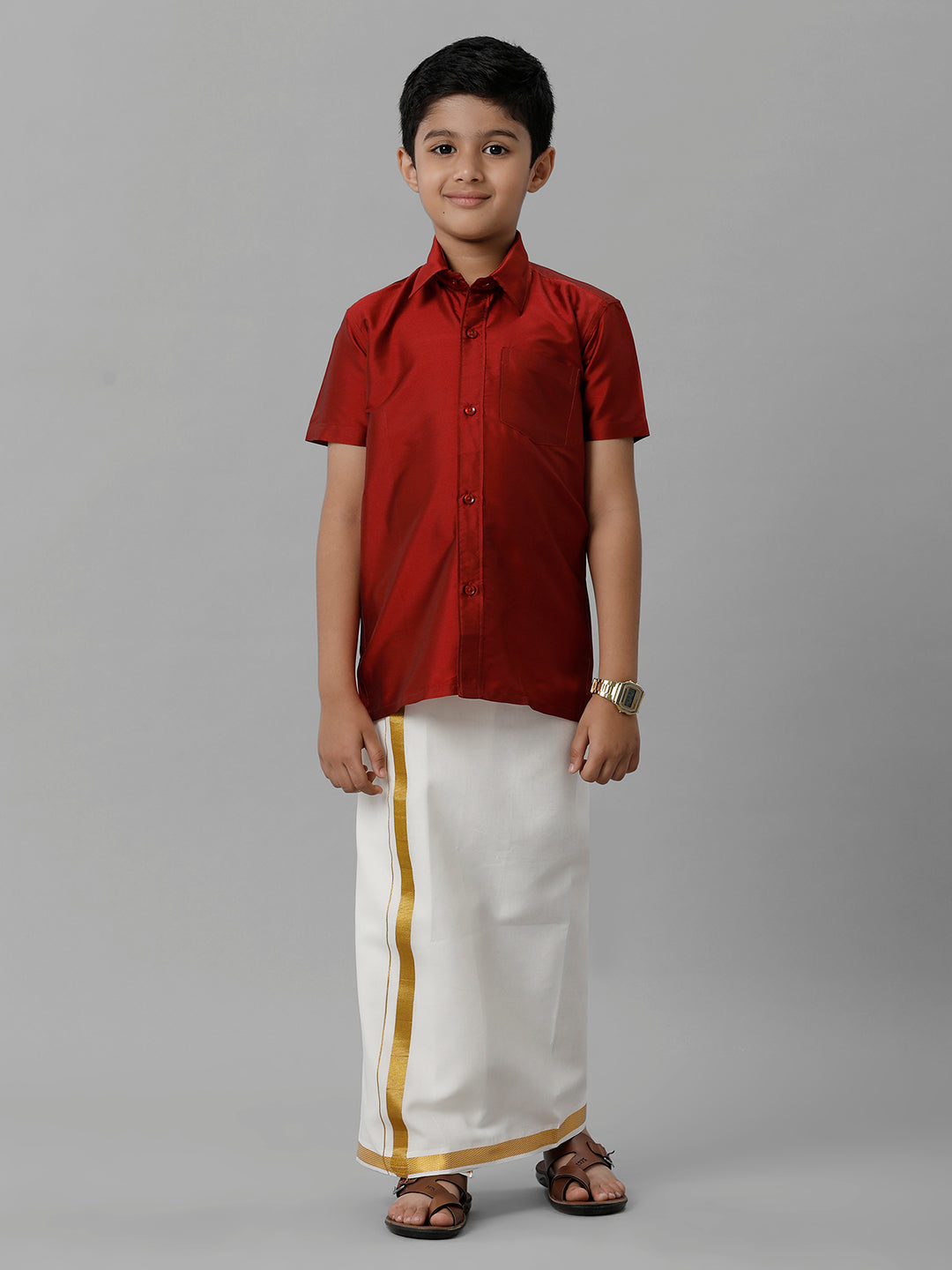 Boys Silk Cotton Red Half Sleeves Shirt with Adjustable Cream Dhoti Combo K8