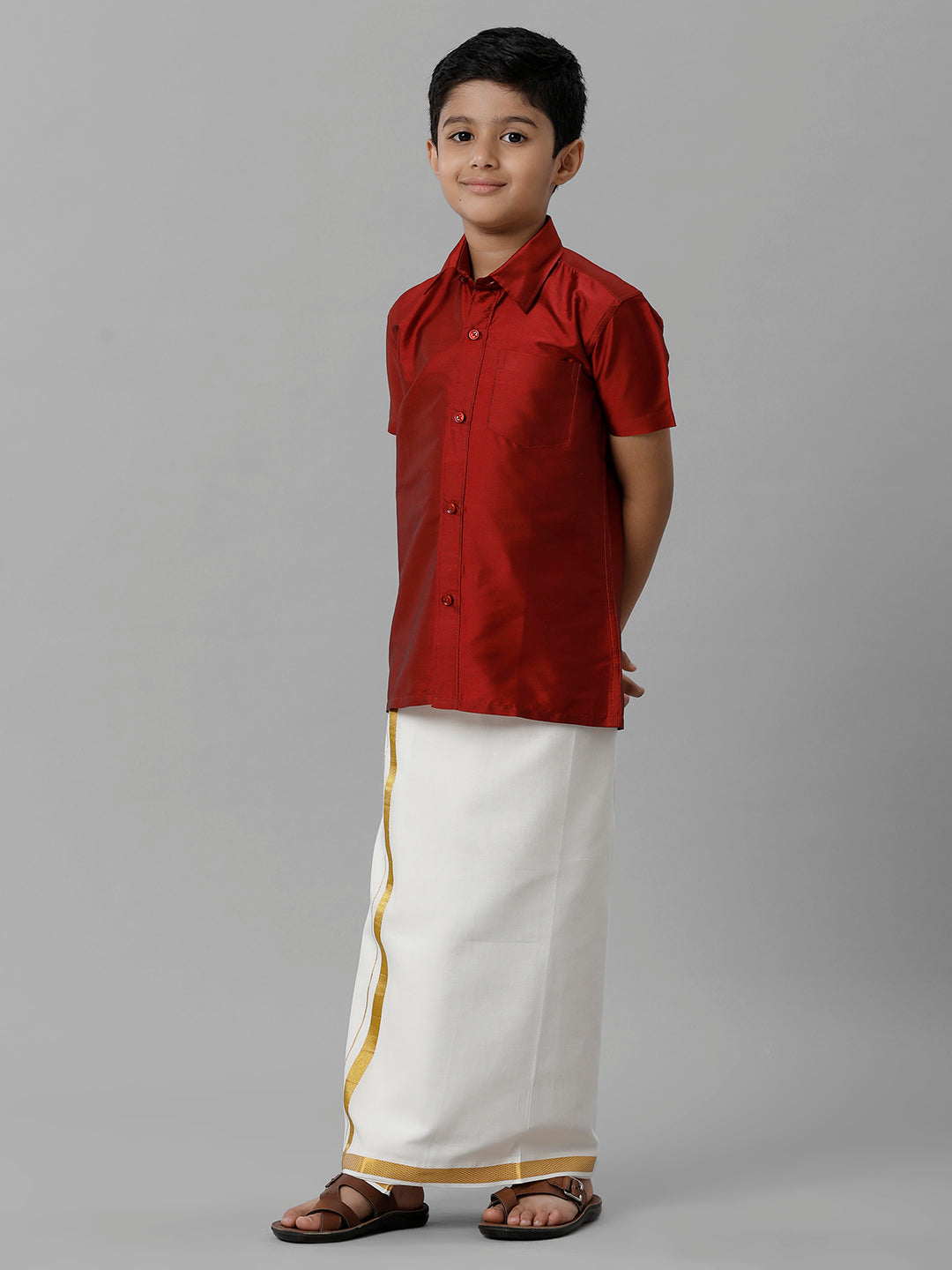 Boys Silk Cotton Red Half Sleeves Shirt with Adjustable Cream Dhoti Combo K8-Full view