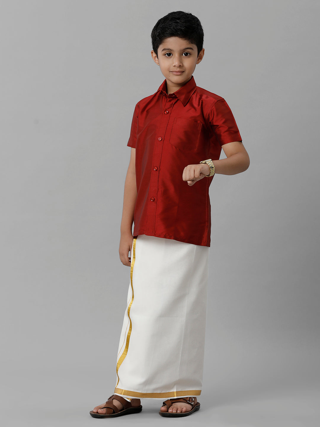 Boys Silk Cotton Red Half Sleeves Shirt with Adjustable Cream Dhoti Combo K8-Front view