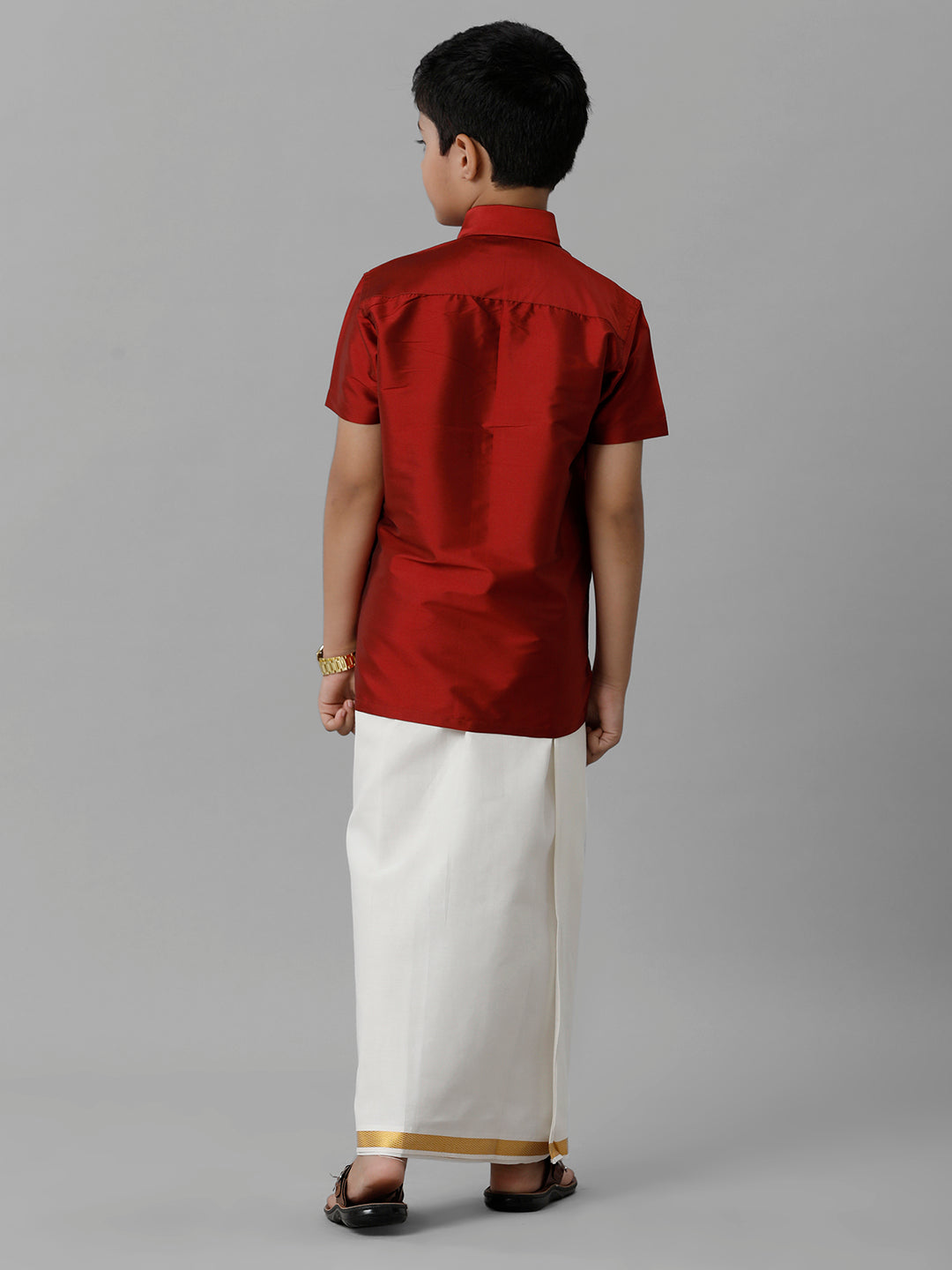 Boys Silk Cotton Red Half Sleeves Shirt with Adjustable Cream Dhoti Combo K8-Bck view