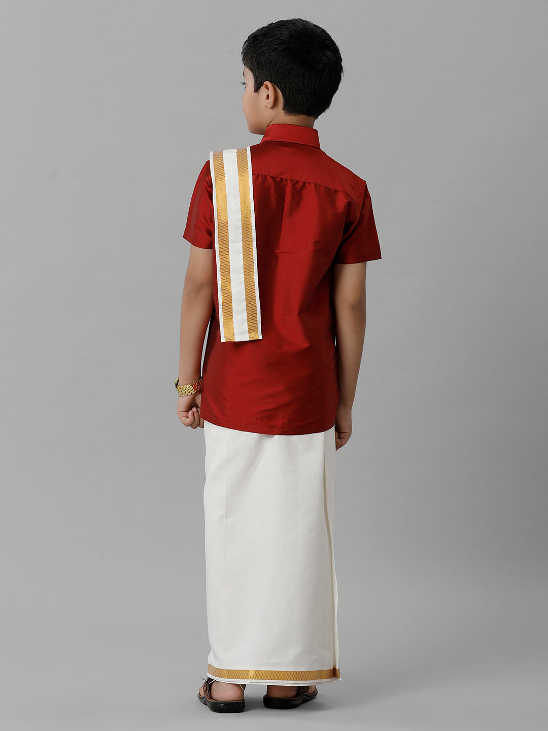 Boys Silk Cotton Red Half Sleeves Shirt with Adjustable Cream Dhoti Towel Combo K8-Back view