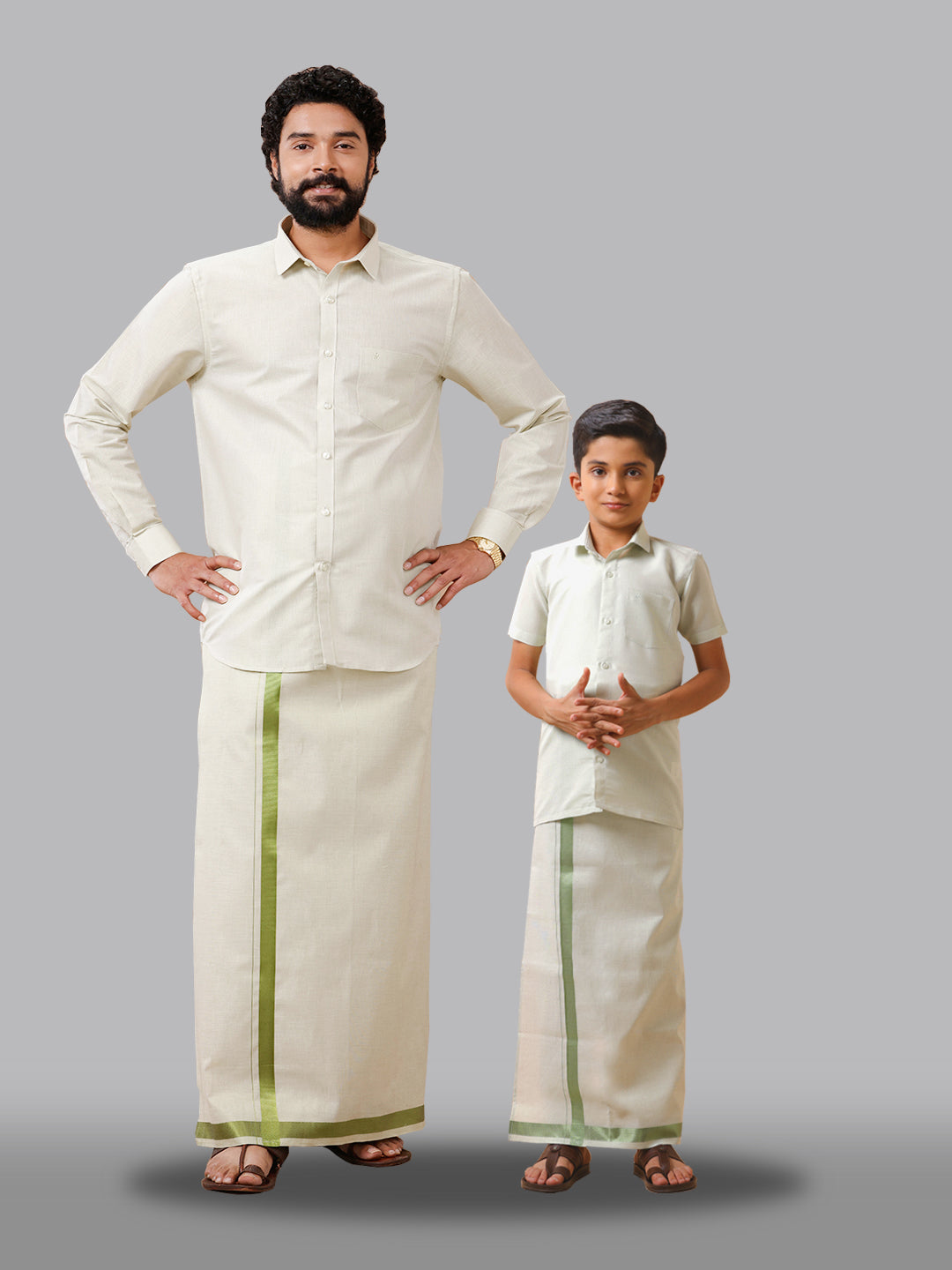 Like Father Like Son Tissue Dhoti & Shirt Combo Set Green