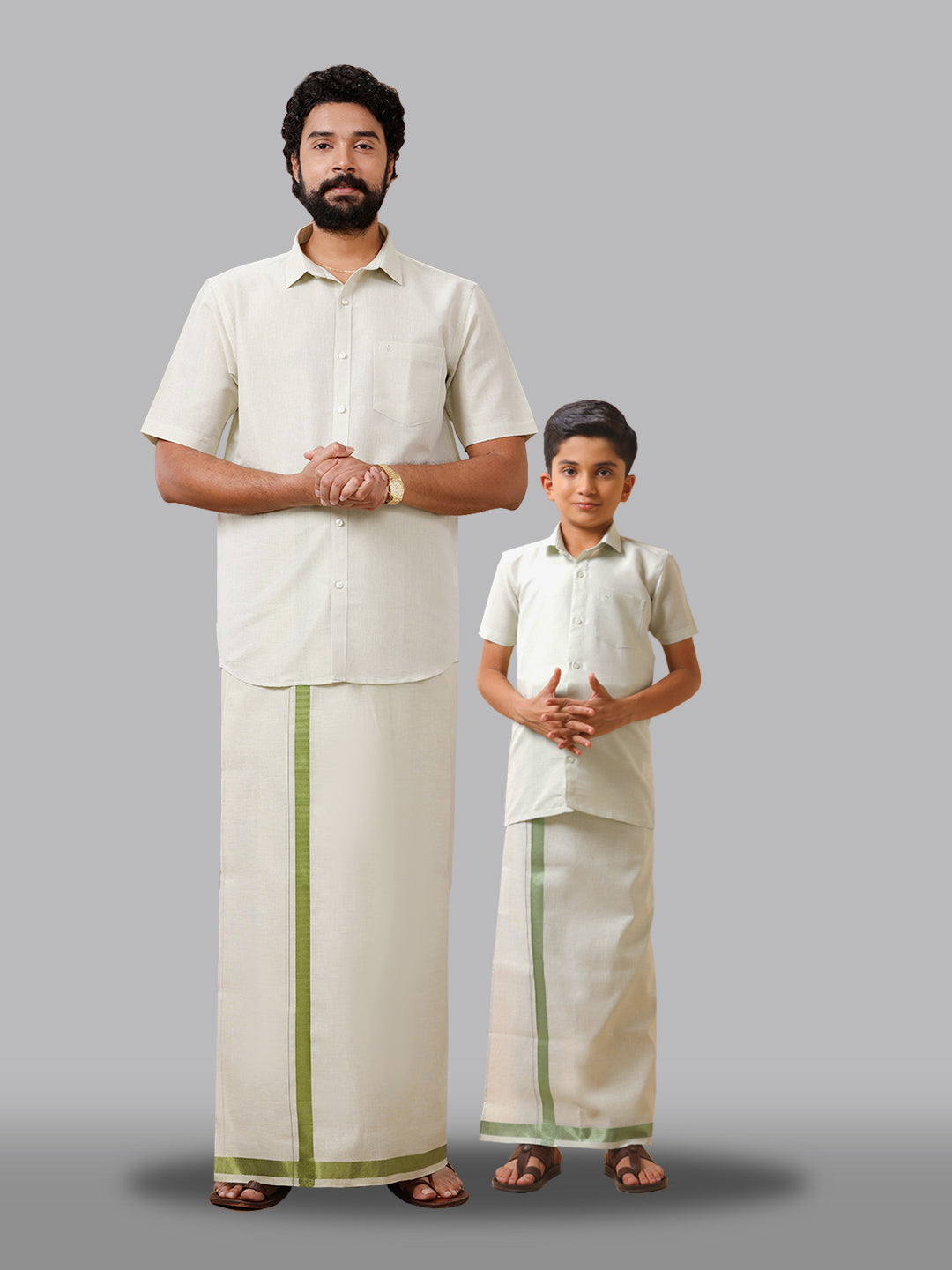 Like Father Like Son Tissue Dhoti & Shirt Combo Set Moss Green