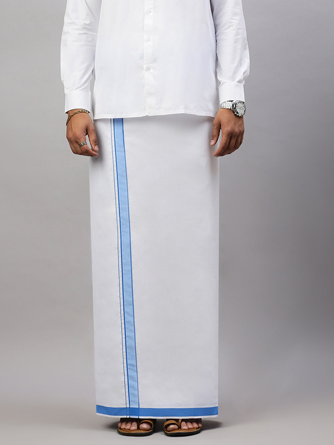 Men White with Blue Fancy Border Single Layer Dhoti Winner Plain WP05