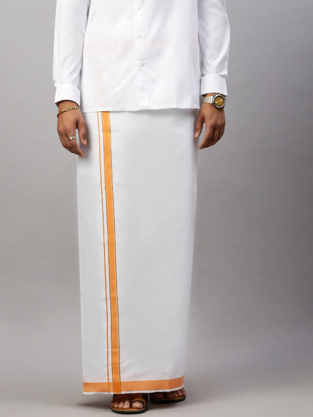 Men Prestigious Look Cotton Single Dhoti with Light Orange Fancy Border - WP10