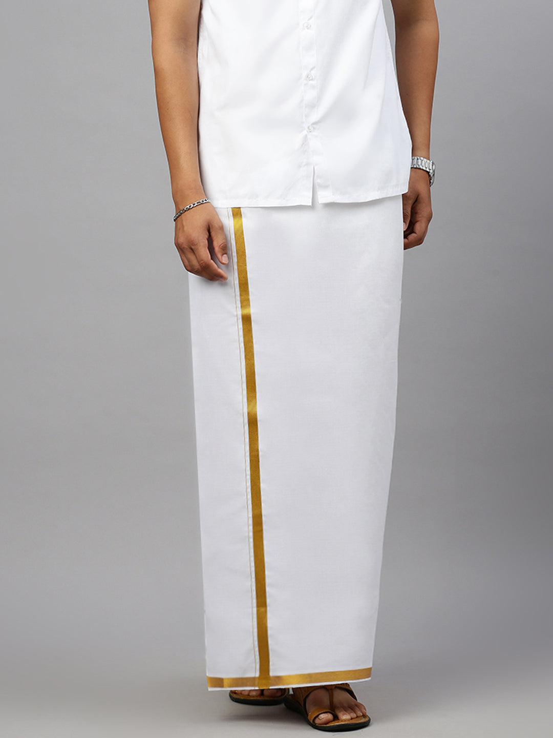 Men White Shirting with 1/2" inch Gold Jari Border Single Layer Dhoti Oscar