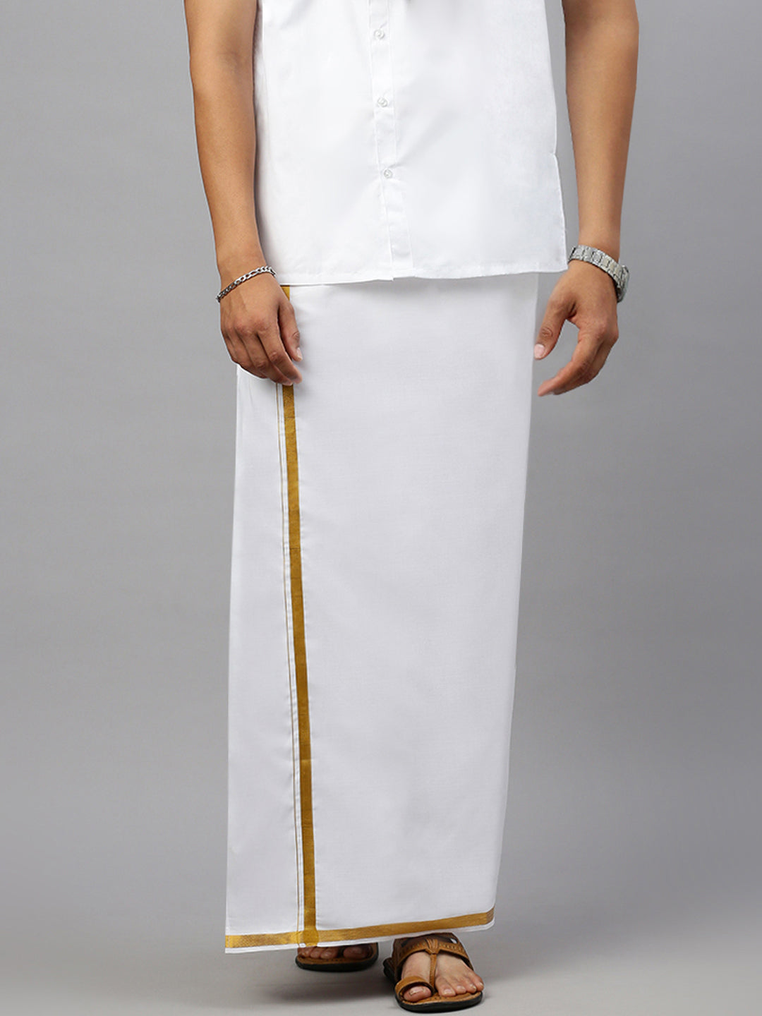 Men White Half Sleeves Shirt with 3/4" Inch Gold Jari Border Single Layer Dhoti Combo