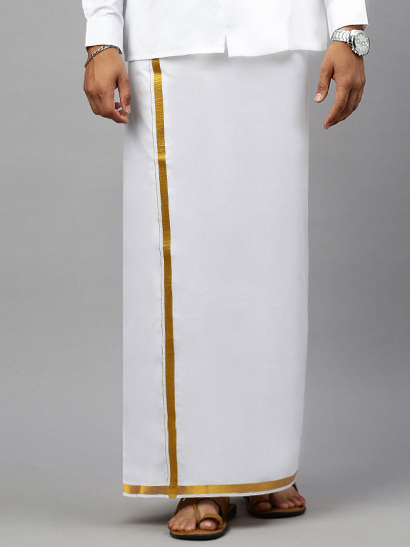 Mens White with Gold Jari 3/4" Border Double Layer Dhoti Gold Twix