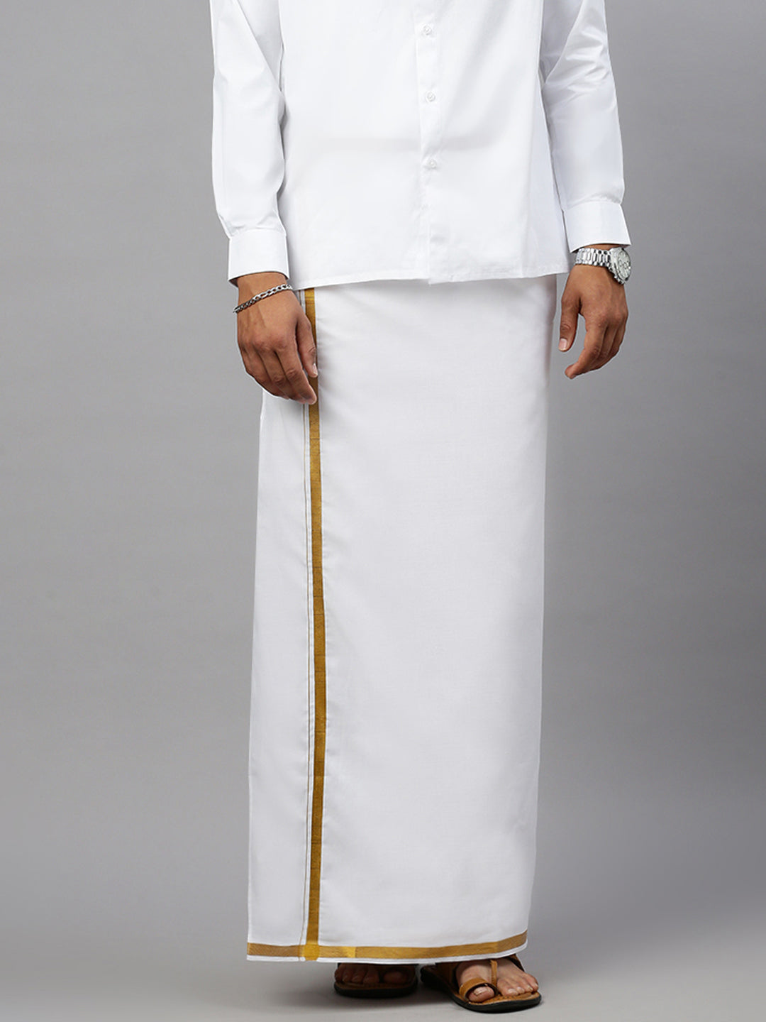 Men White Full Sleeves Shirt with 3/4'' inch Gold Jari Border Single Layer Dhoti Combo