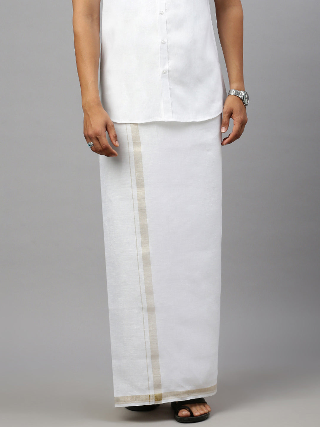 Men Pure Linen White Half Sleeves Shirt with Double Layer Dhoti Combo 5445