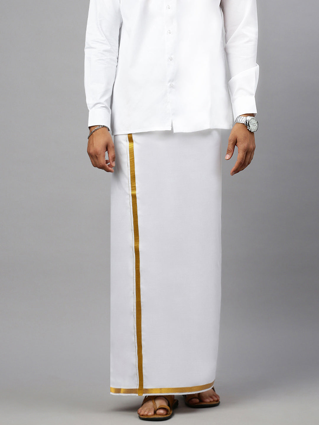 Mens Wrinkle Free White Shirt with 3/4'' inch Gold Border Jari Double Layer Dhoti & Towel Combo