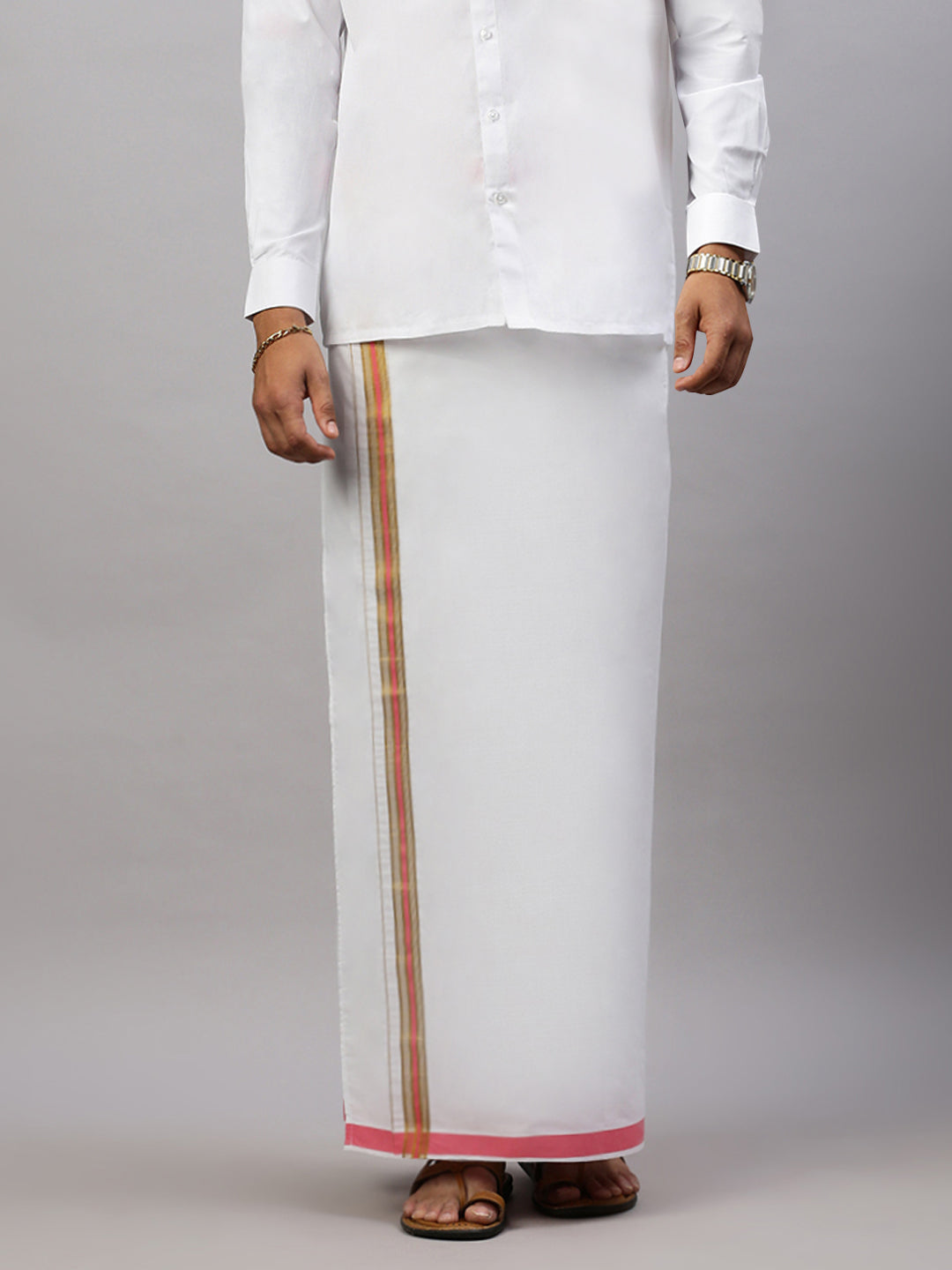 Men White Adjustable Pocket Dhoti with Pink Fancy Border