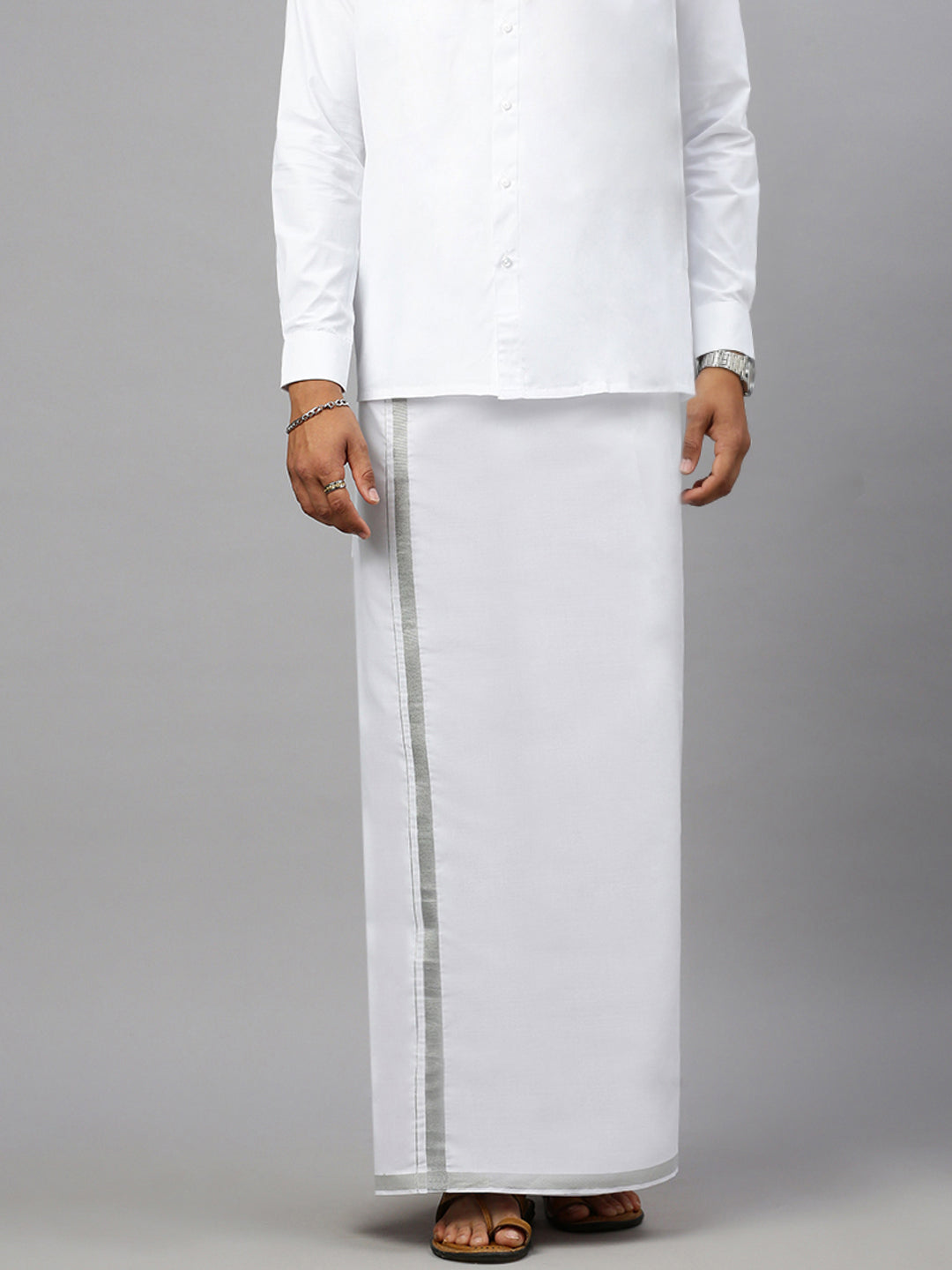 Men White Shirt with 3/4" Inch Jari Border Genxt Single Layer Dhoti Elegent 246