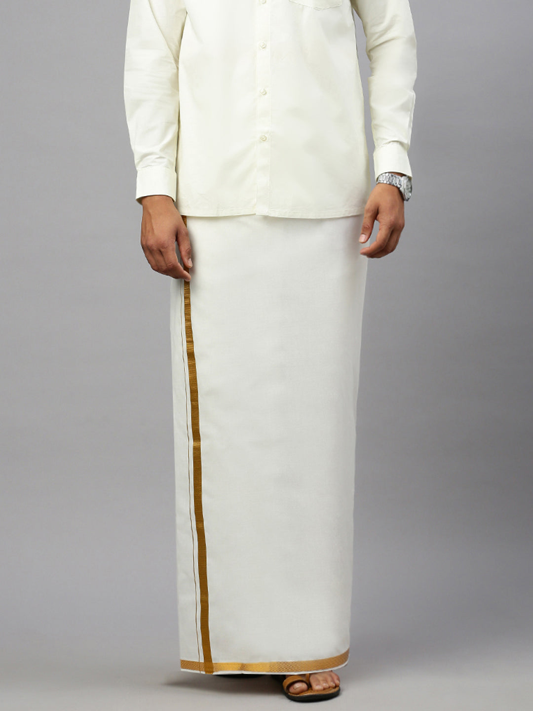 Men Cream Full Sleeves Shirt with 1/2" inch Gold Jari Double Layer Dhoti & Towel Combo