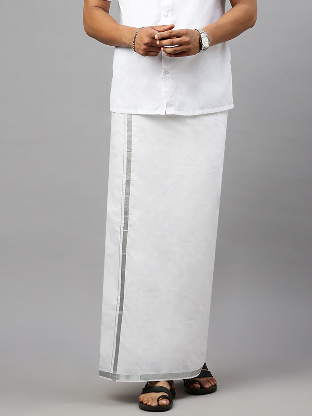 Men White Shirting with 3/4" inch Silver Jari Border Single Layer Dhoti Oscar