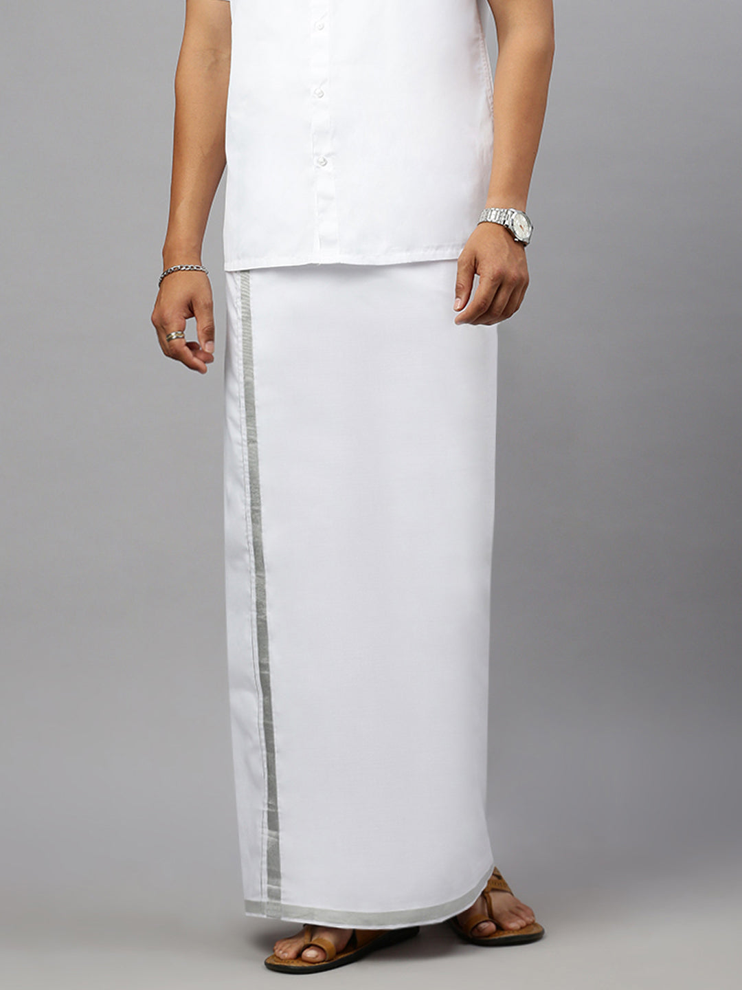 Men White Shirting with 1/2" inch Silver Jari Border Single Layer Dhoti Noble