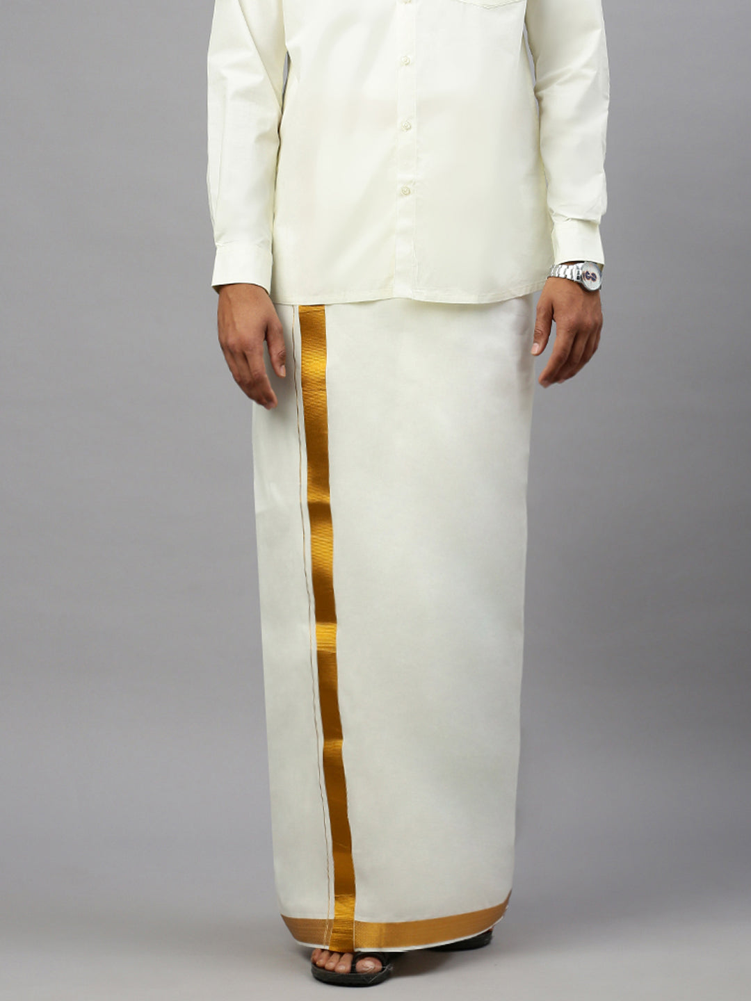 Premium Cream with 1 1/2" Gold Jari Border Double Dhoti & Towel Combo