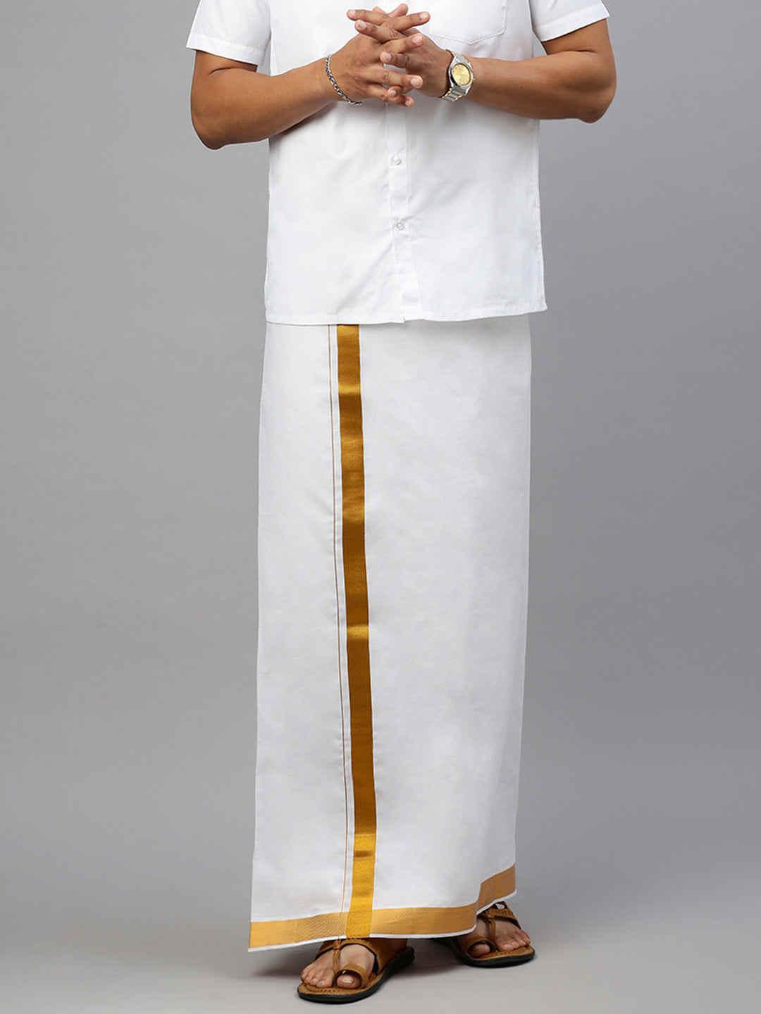 Men White with 1 1/4" Gold Jari Border Double Layer Dhoti Vetha