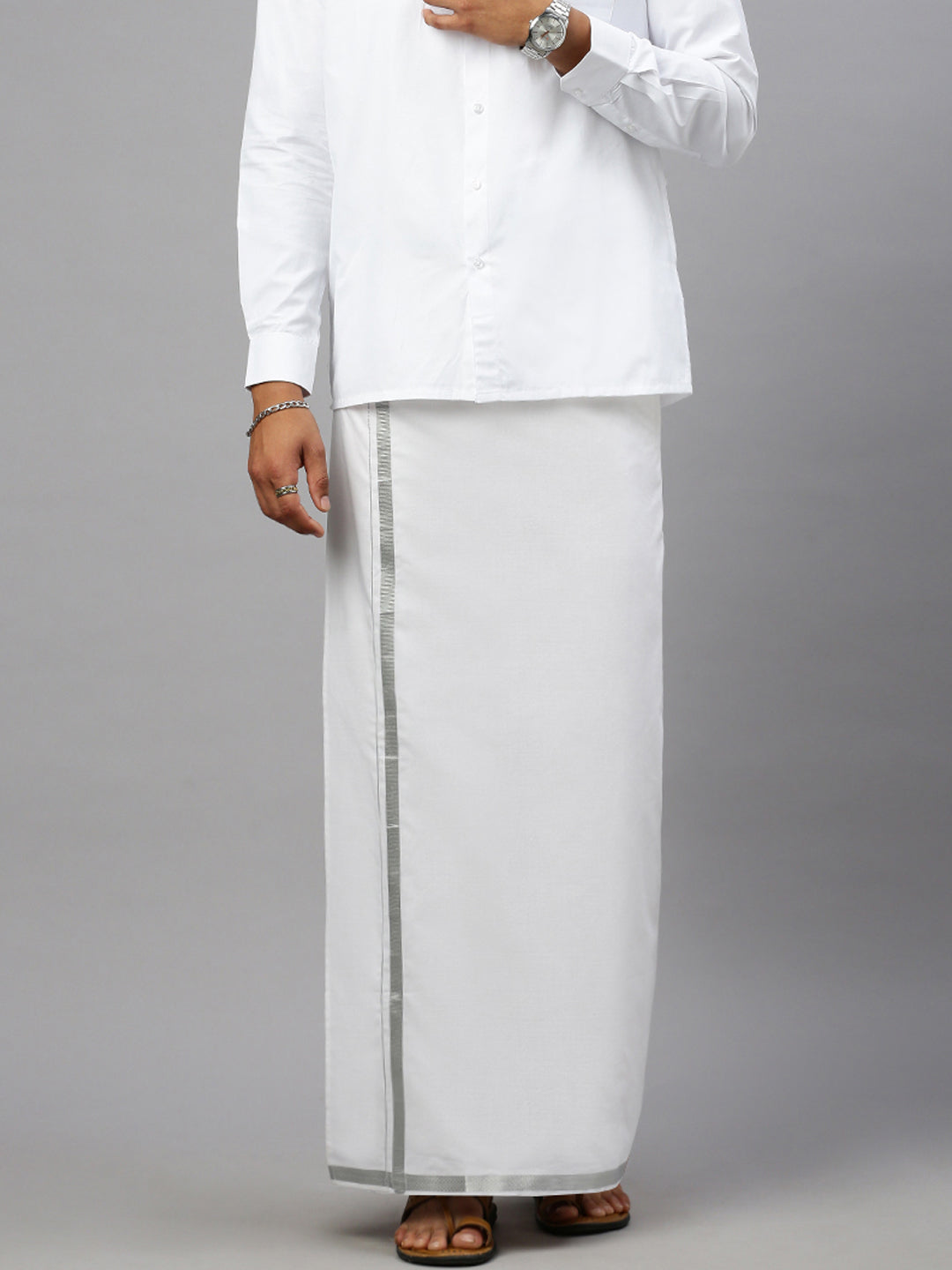 Men White Shirt with 1/2" inch Silver Jari Border Single Layer Dhoti Combo Silvertone