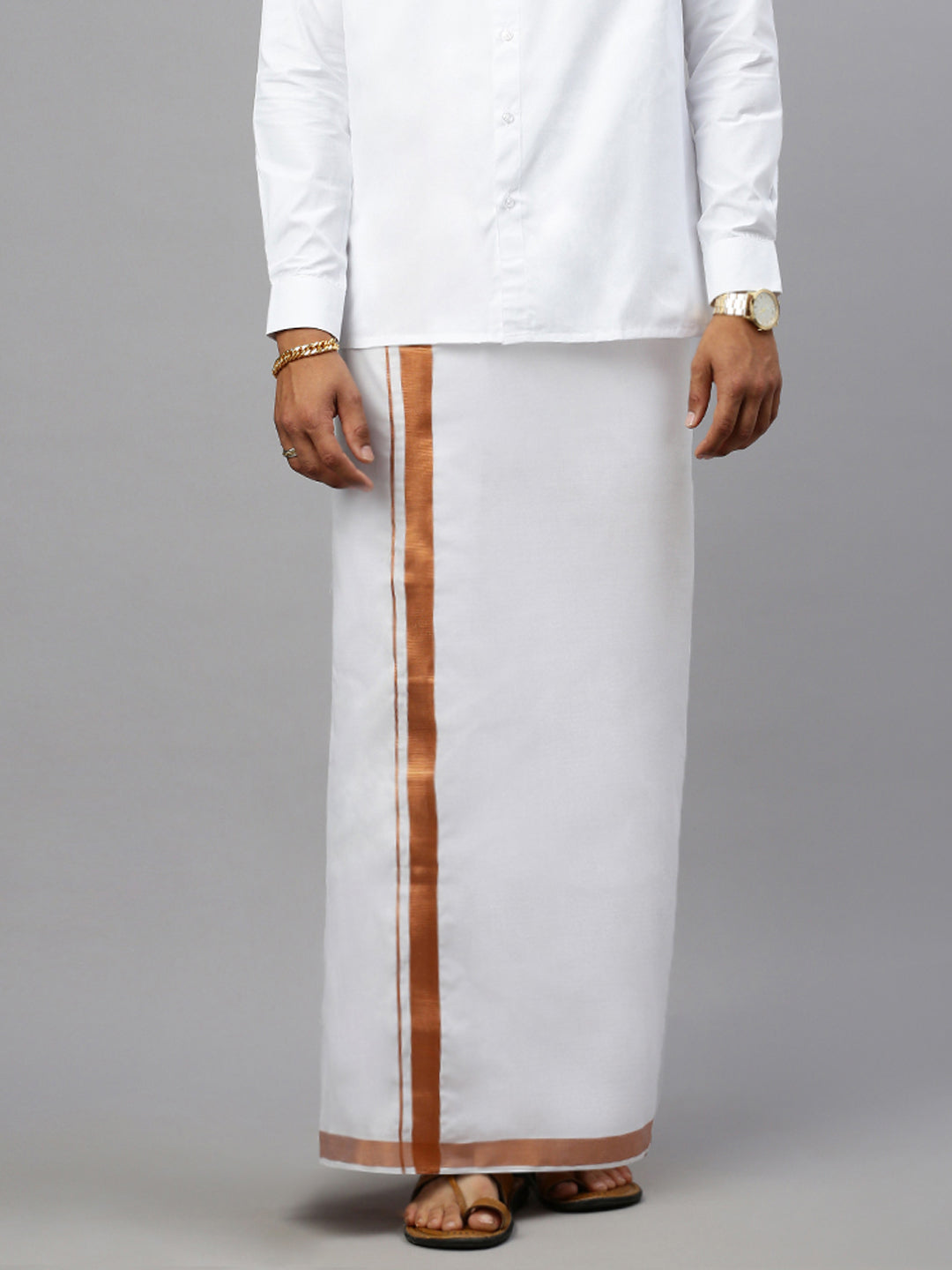 Men White 1'' Copper Jari Border Double Layer Dhoti with Ribhu