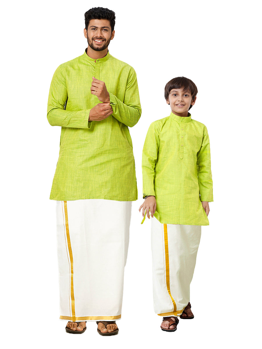 Like Father Like Son Parrot Green Kurta and Gold Jari Border Cream Dhoti Combo FS2