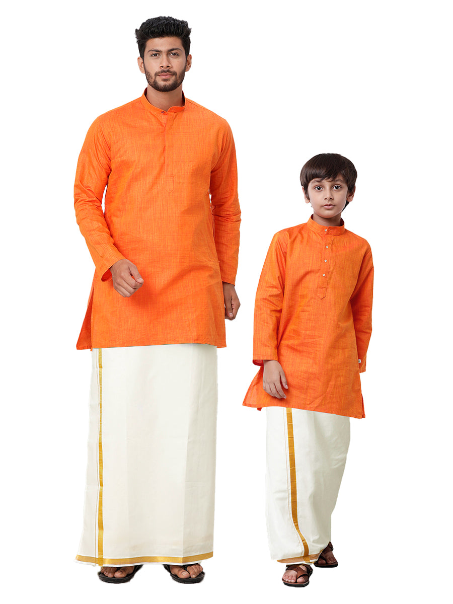 Like Father Like Son Orange Kurta and Gold Jari Border Cream Dhoti Combo FS3