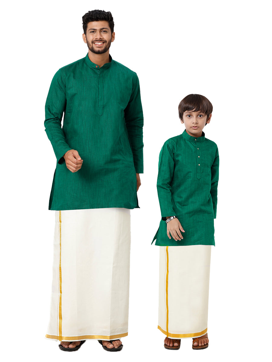 Like Father Like Son Dark Green Kurta and Gold Jari Border Cream Dhoti Combo FS5