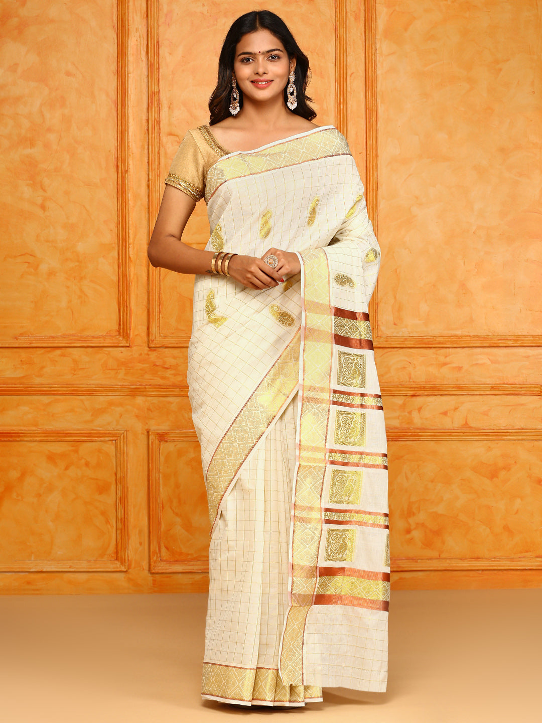 Kerala Cream Gold Jari Weaving Saree KS96