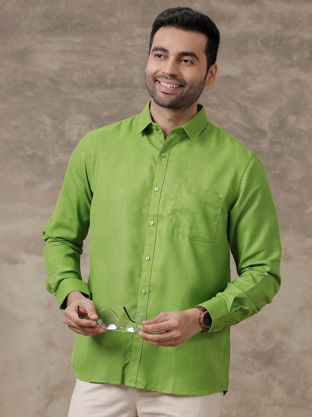 Men Cotton Blend Shirt Parrot Green T41 TQ8