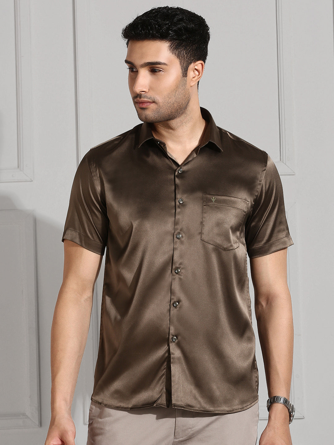 Men Stretch Poly Shirt Grayish Brown PS10