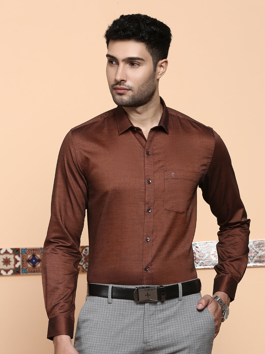 Men Premium Cotton Full Sleeves Shirt Brown EL GP12