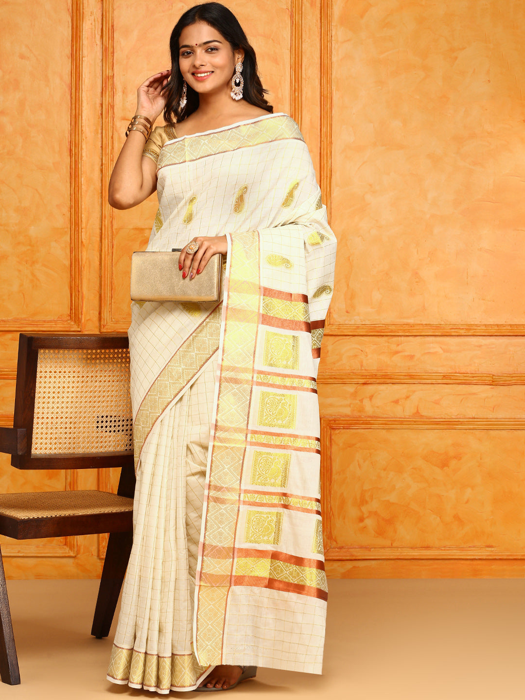 Kerala Cream Gold Jari Weaving Saree KS96