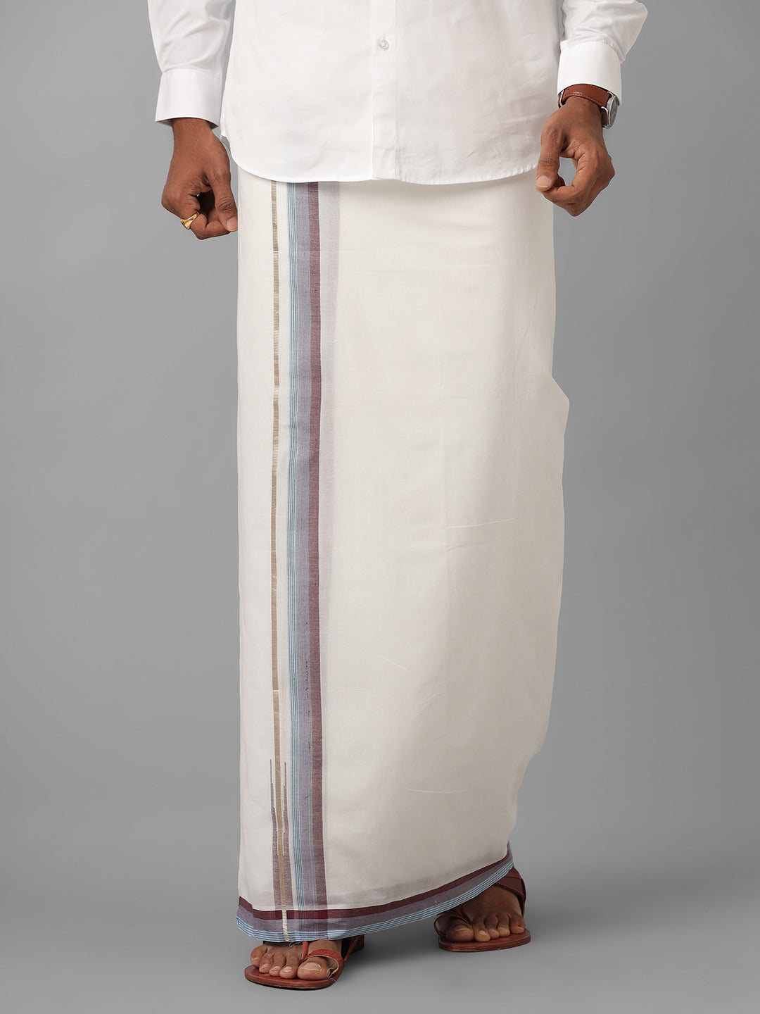 Mens Pure Cotton Silver Jari Border Dhoti Violet