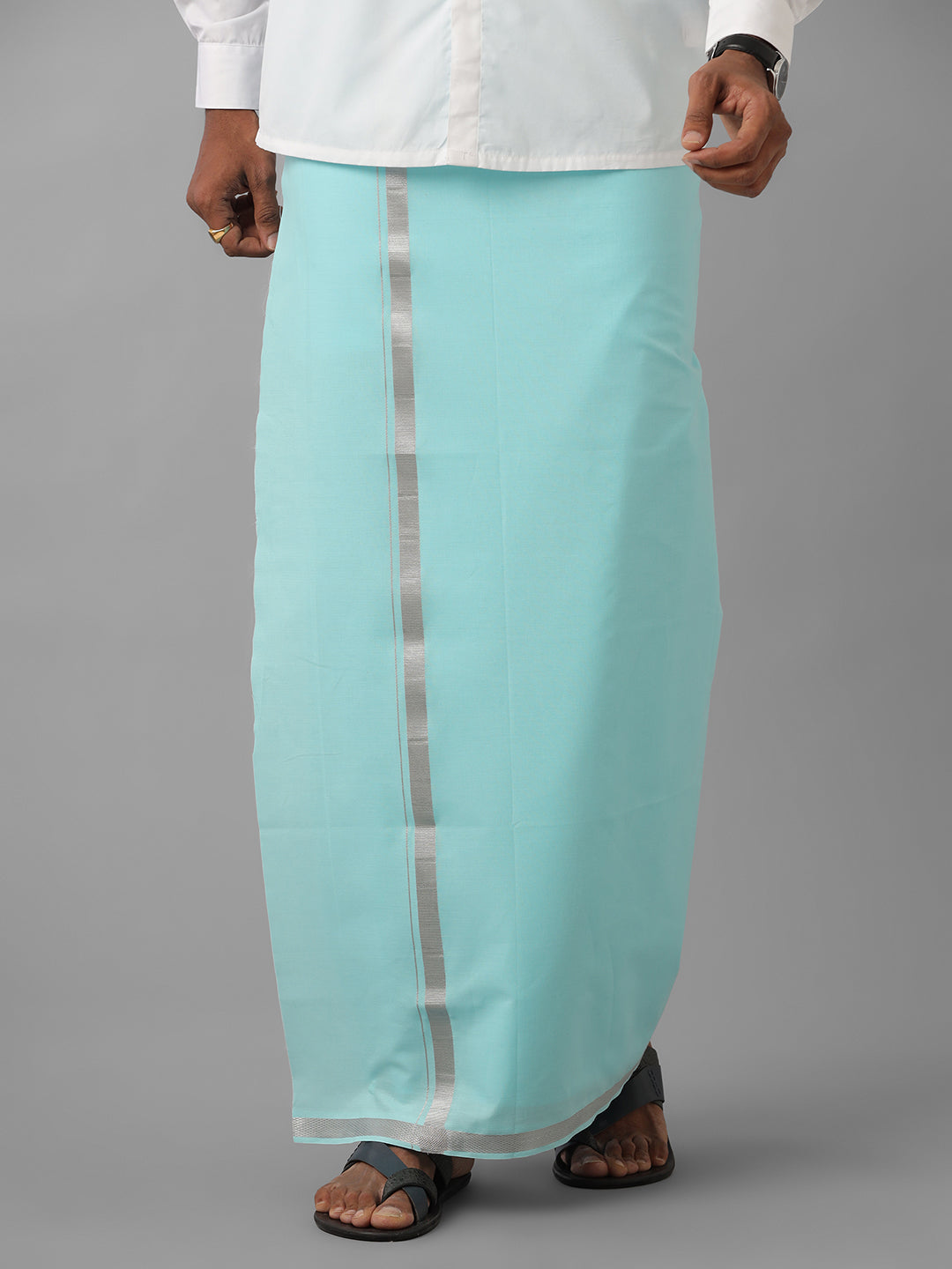 Mens Colour Dhoti with Silver Border Blue