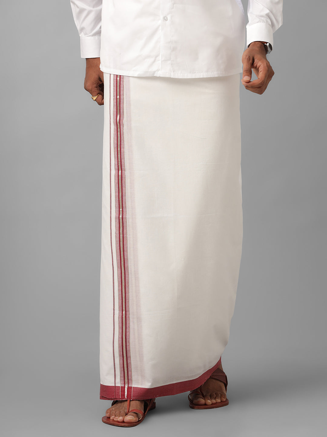 Mens Pure Cotton Magenta with Silver Border Double Dhoti