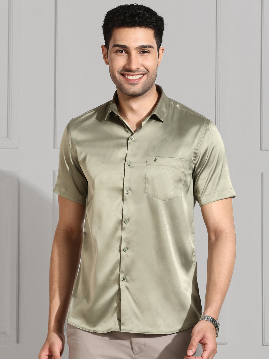 Mens Party Wear Olive Green Shirt PS1