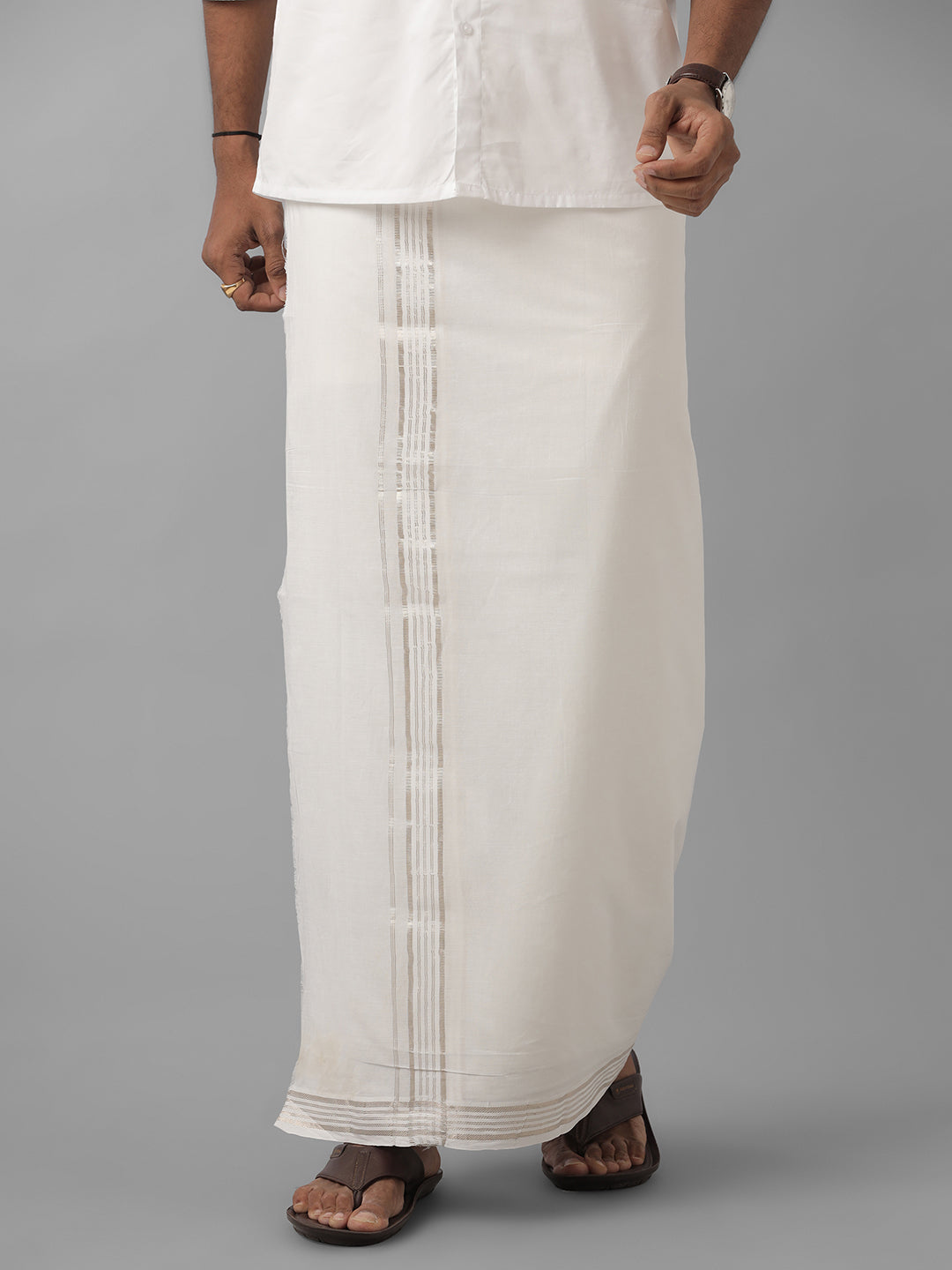 Mens Pure Cotton Silver Jari Border Double Dhoti