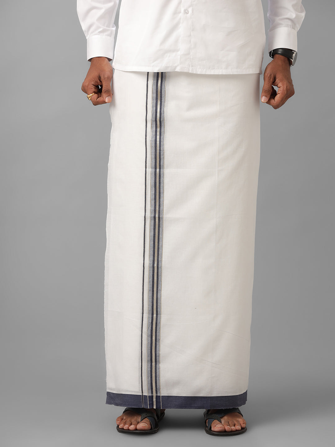 Mens Pure Cotton Navy with Silver Border Double Dhoti