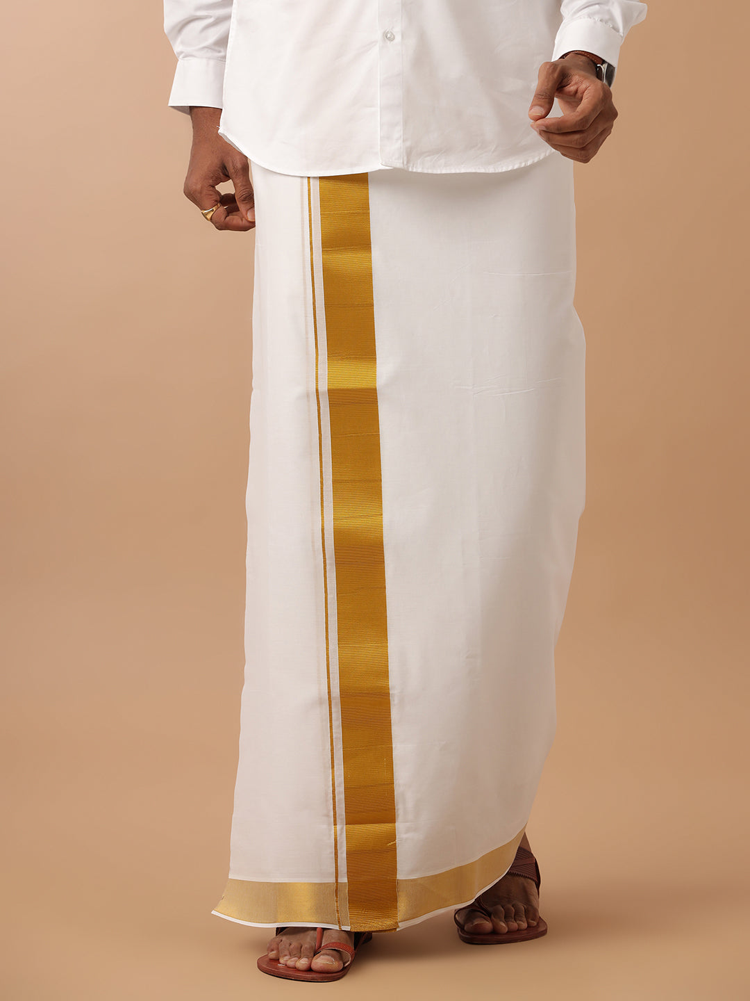 Men White with 2" inch Gold Jari Border Double Layer Dhoti Gold Special Pet