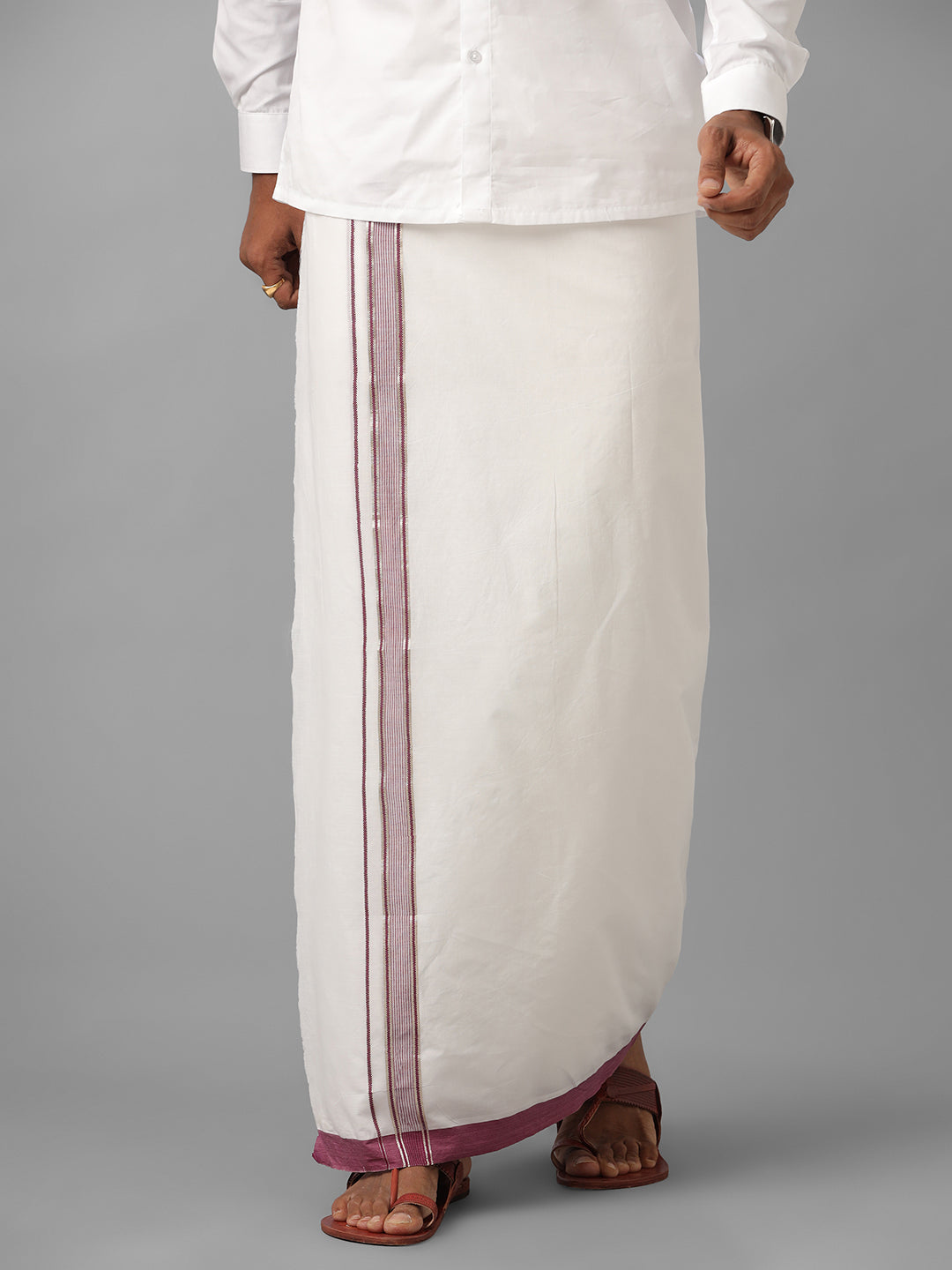 Mens Pure Cotton Maroon with Silver Border Double Dhoti