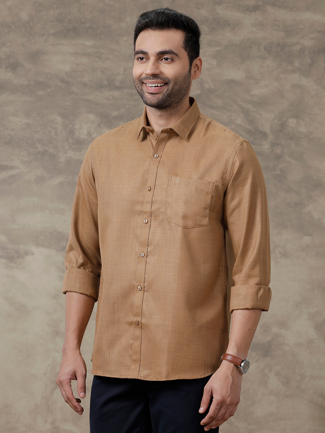 Men Cotton Blend Shirt Dark Brown T41 TQ6