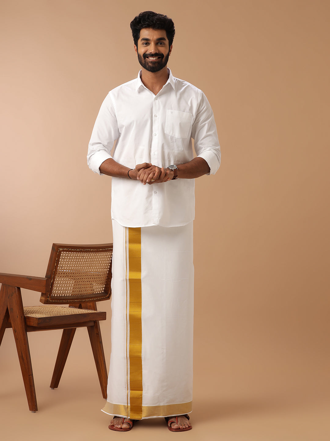 Men White with 2" inch Gold Jari Border Double Layer Dhoti Gold Special Pet