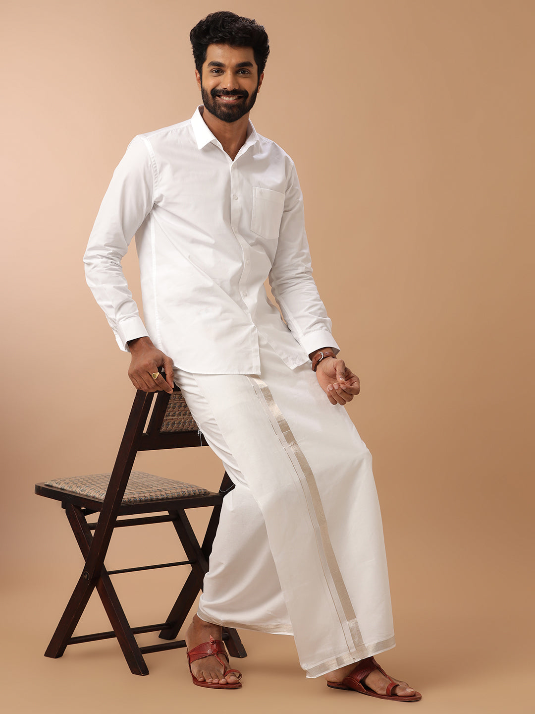 Men White 1"Silver Jari Border Double Layer Dhoti Silver Cotton